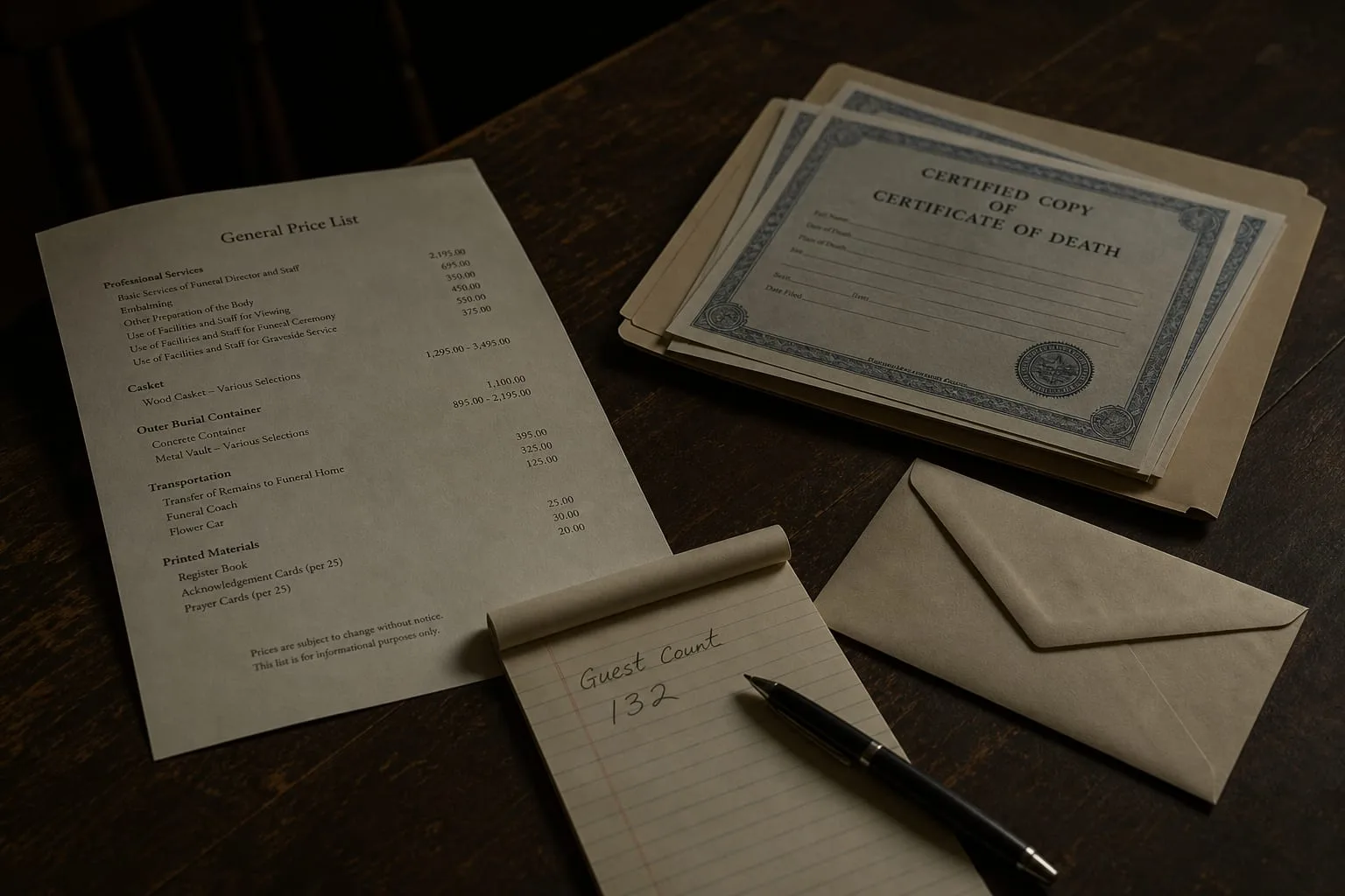 A kitchen table with an itemized funeral home price list, a folder of certified death certificate copies, an unopened bank envelope, and a ballpoint pen rest...