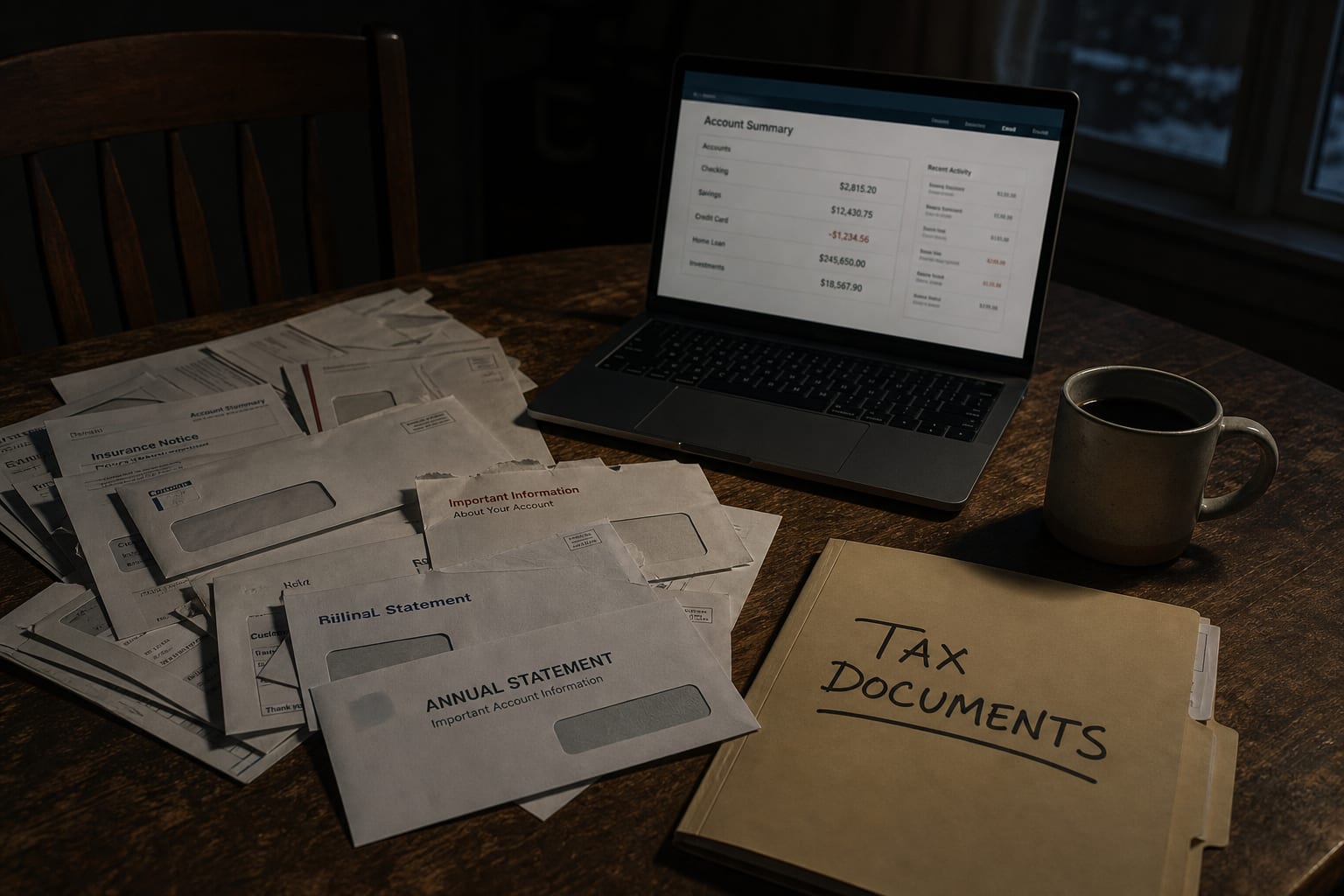 A kitchen table in winter covered with opened mail from banks, insurers and utilities, an annual statement envelope on top, a laptop showing an account porta...