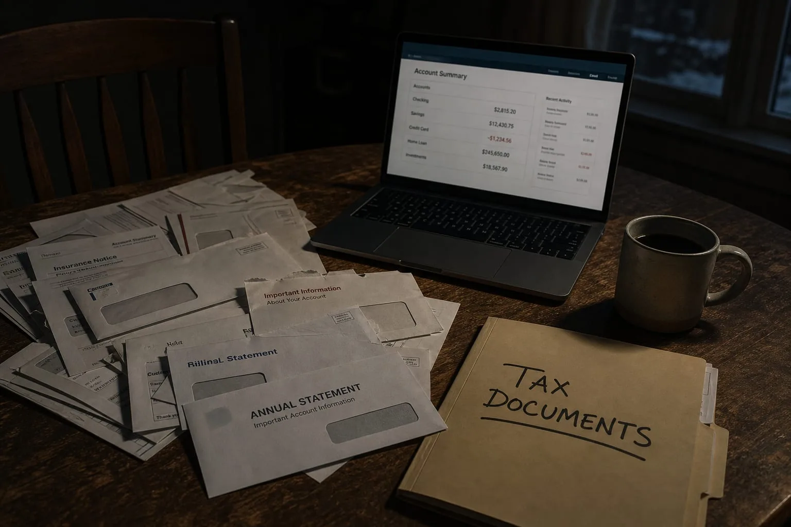 A kitchen table in winter covered with opened mail from banks, insurers and utilities, an annual statement envelope on top, a laptop showing an account porta...