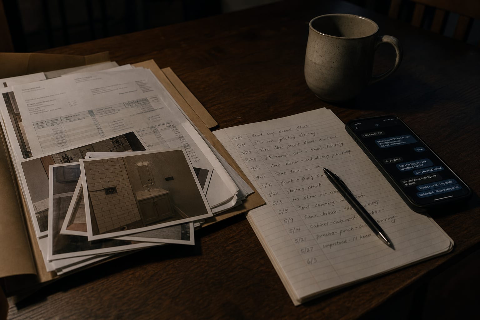 A kitchen table at night with a thick paper folder of invoices and printed photographs open beside a phone showing a long text thread with a contractor, a mu...