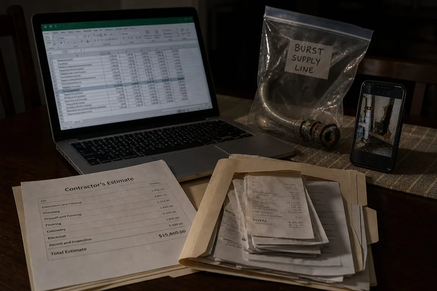 A homeowner's kitchen table covered with a laptop showing a spreadsheet, a printed contractor's estimate, a folder of service receipts, and a phone propped b...
