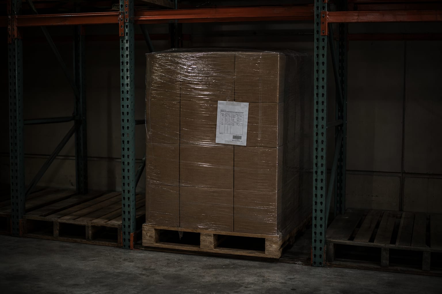 A single wrapped pallet of plain cardboard cartons in a warehouse racking aisle, with empty pallet positions on either side and a printed inbound routing she...