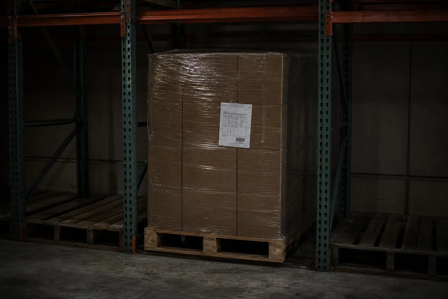 A single wrapped pallet of plain cardboard cartons in a warehouse racking aisle, with empty pallet positions on either side and a printed inbound routing she...
