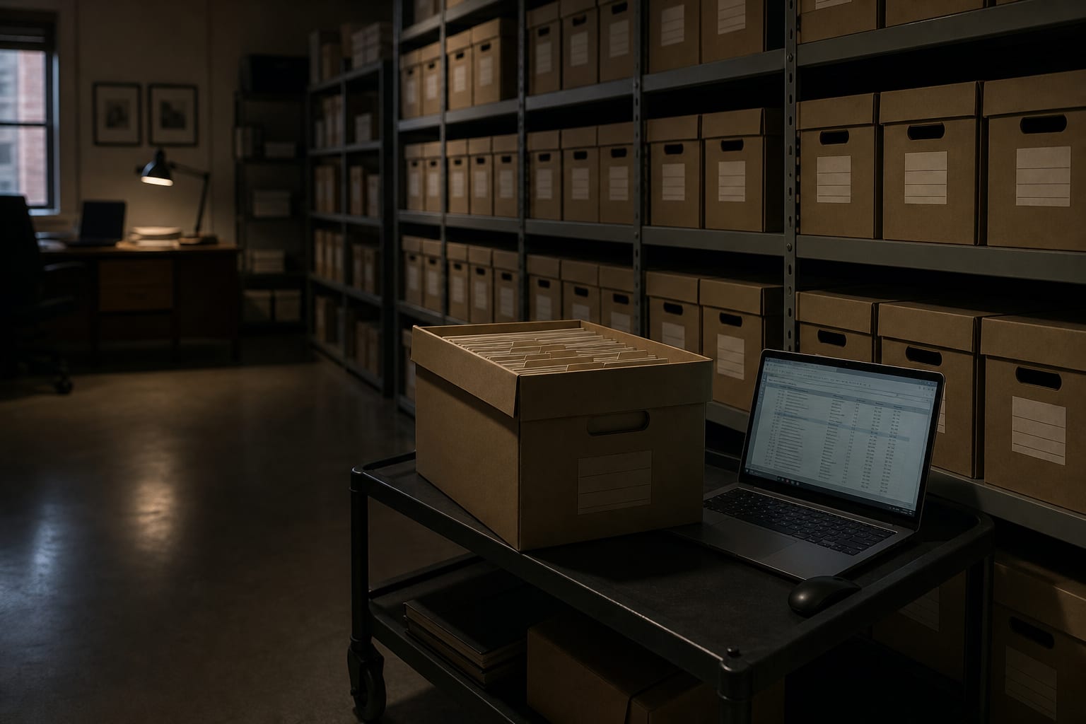 A wide records room in a professional office with labeled archive boxes on steel shelving, one box pulled out and open on a rolling cart beside a laptop show...
