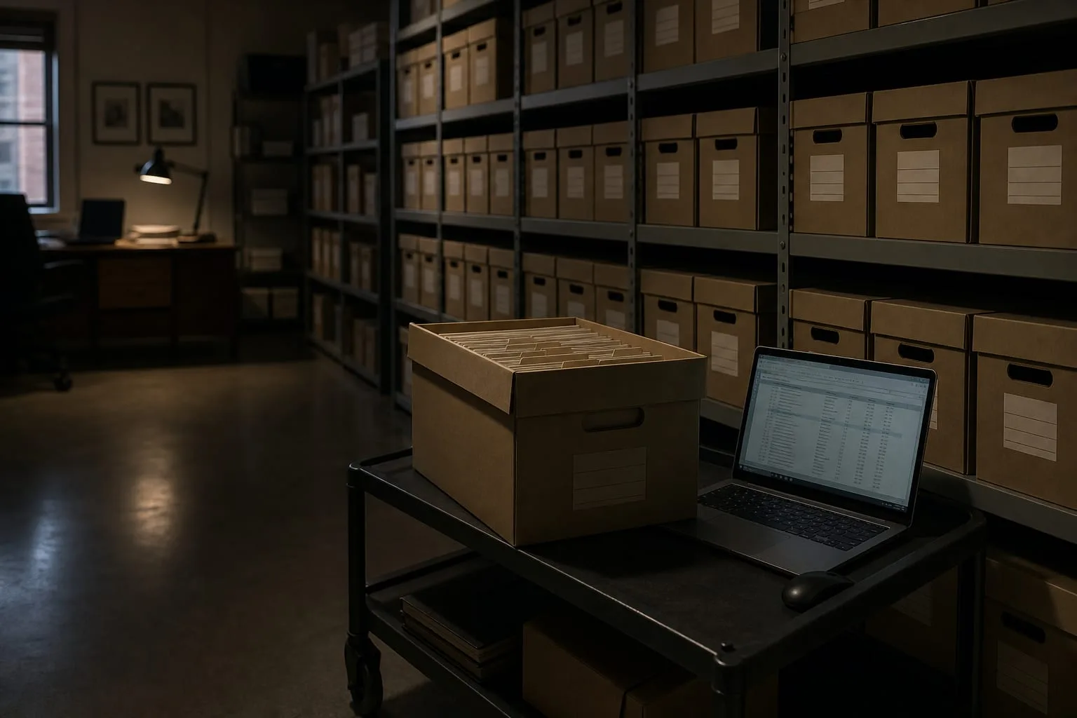 A wide records room in a professional office with labeled archive boxes on steel shelving, one box pulled out and open on a rolling cart beside a laptop show...