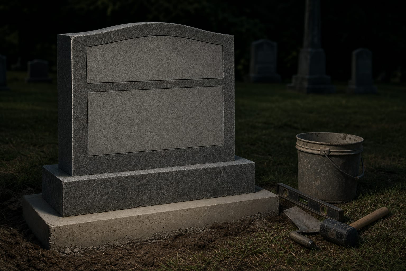 A granite headstone standing on a freshly poured concrete foundation in a cemetery, with a second unlettered blank area on its face and installation tools re...