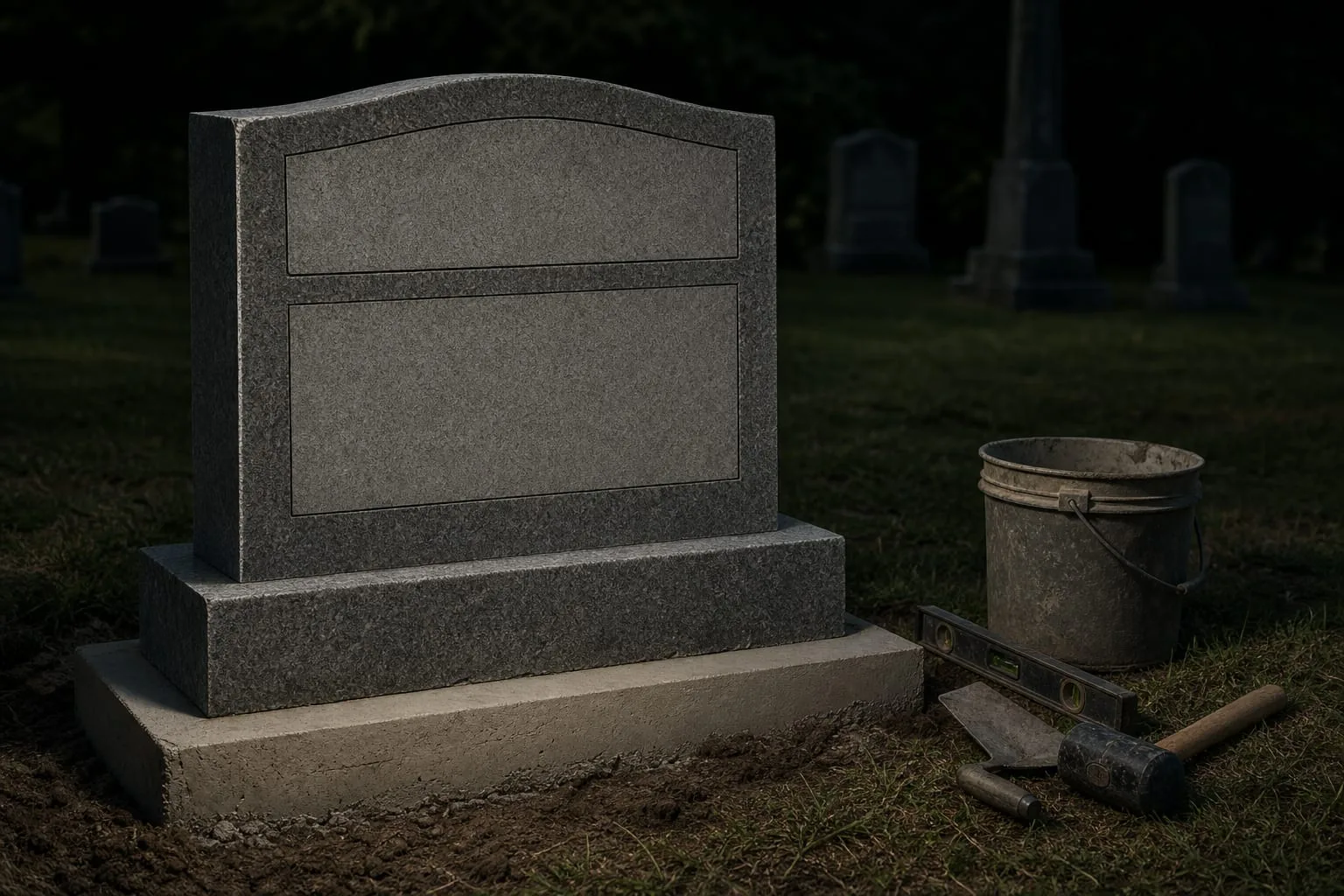 A granite headstone standing on a freshly poured concrete foundation in a cemetery, with a second unlettered blank area on its face and installation tools re...