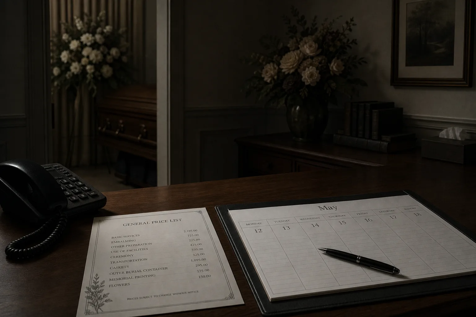 A funeral home arrangement office with a desk, a printed price list and a calendar page showing the coming week, a telephone off to one side