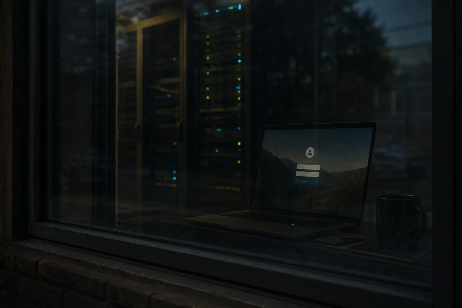 A login screen on a laptop reflected in a window, with a server rack visible behind the glass